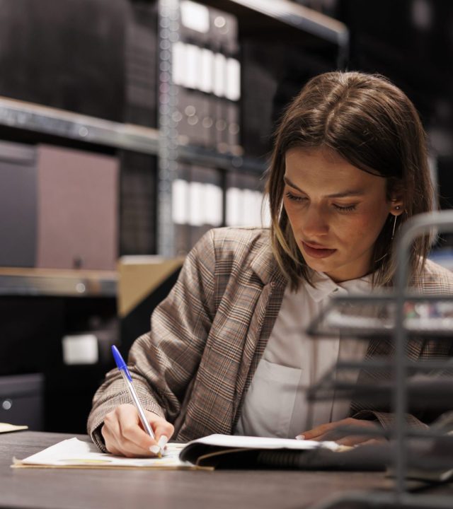 Police officer writing criminology report, working overtime at criminal case analyzing crime scene evidence in arhive room. Private detective searching for new clues, checking investigation files